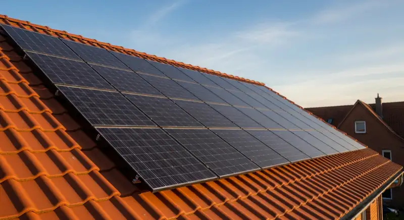 Close-up of photovoltaic solar panels installed on a traditional German Satteldach (gabled roof), blue sky with some clouds