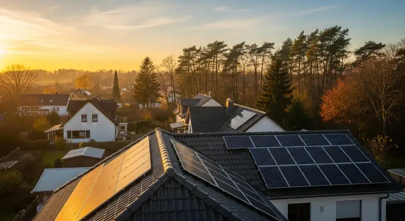 PV-Dach am Rand von Buddenhagen bei Wolgast mit Baumbestand im Hintergrund