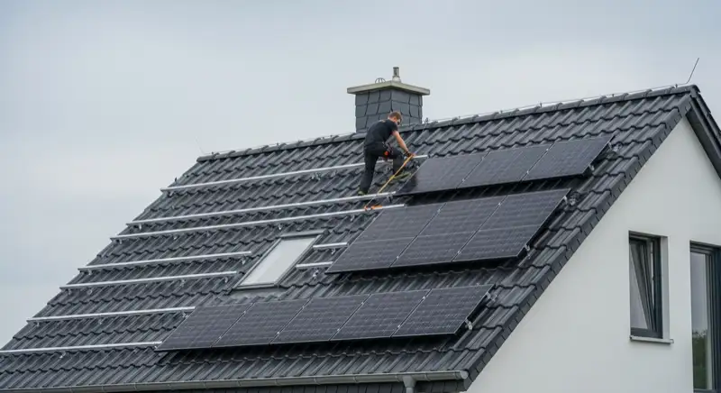Installateur befestigt eine PV-Unterkonstruktion auf einem Satteldach im küstennahen Raum bei Wolgast
