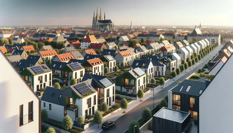 Wohnviertel in Würzburg mit Solaranlagen auf den Dächern, Würzburger Dom im Hintergrund