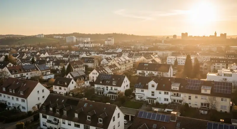 Wohngebiete in Würzburg mit verschiedenen Bauformen, typische Einfamilienhäuser und Dachstrukturen aus der Luft