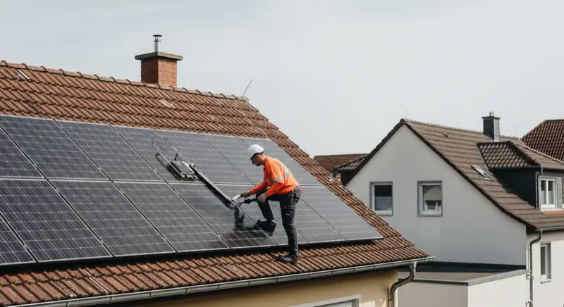 Solar-Fachmann bei Dachbegehung und technischer Prüfung auf einem typischen Würzburger Einfamilienhaus