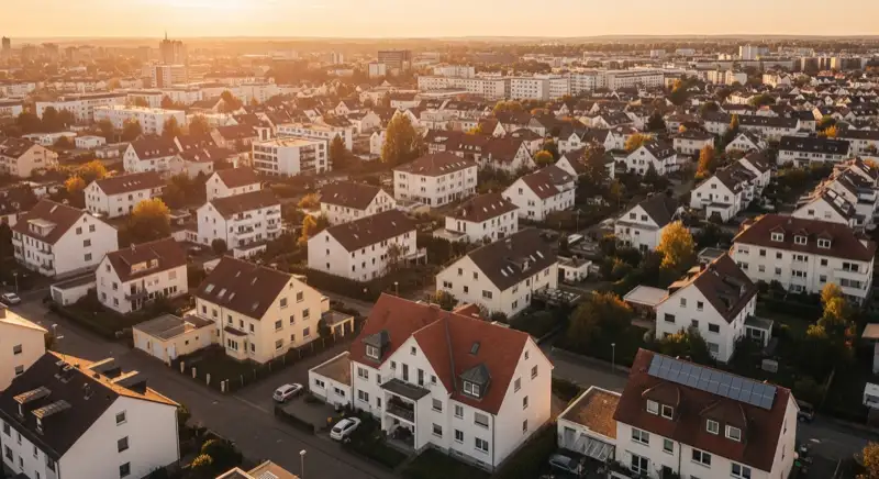 Wohngebiete in Würzburg mit verschiedenen Bauformen, typische Einfamilienhäuser und Dachstrukturen aus der Luft