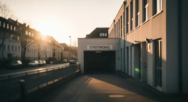 Blick auf das Stadtwerke-Gebäude in Würzburg mit Service-Eingang, lokale Versorgeratmosphäre