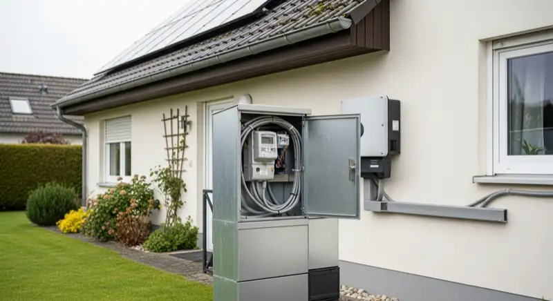 Modern German electrical meter cabinet (Zählerschrank) with smart meter and solar inverter connection, clean technical installation