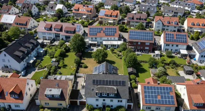 Aerial drone view of typical German residential neighborhood with mixed roof types, red and dark roof tiles, gardens visible, sunny day