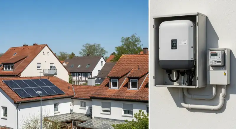 Modern German electrical meter cabinet (Zählerschrank) with smart meter and solar inverter connection, clean technical installation