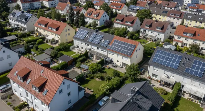 Aerial drone view of typical German residential neighborhood with mixed roof types, red and dark roof tiles, gardens visible, sunny day