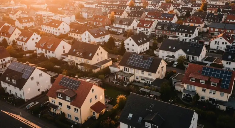 Aerial drone view of typical German residential neighborhood with mixed roof types, red and dark roof tiles, gardens visible, sunny day