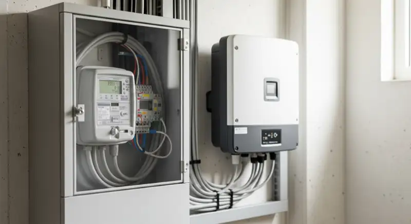 Modern German electrical meter cabinet (Zählerschrank) with smart meter and solar inverter connection, clean technical installation