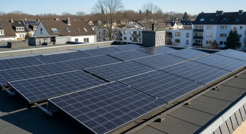 Solartechniker bei Wartungsarbeiten auf Wuppertaler Hausdach mit Reinigungsausrüstung