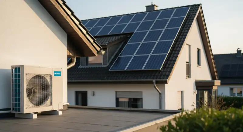 Wärmepumpen-Außeneinheit neben Einfamilienhaus mit Solarmodulen auf dem Dach in Wuppertal