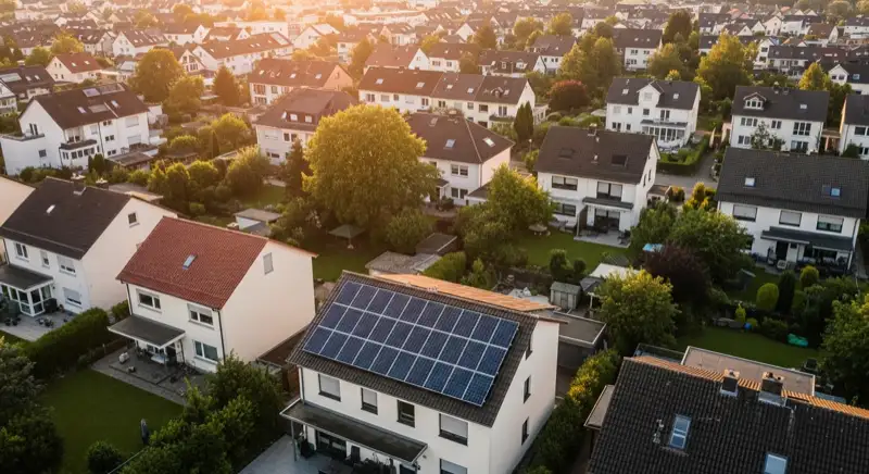 Aerial drone view of typical German residential neighborhood with mixed roof types, red and dark roof tiles, gardens visible, sunny day
