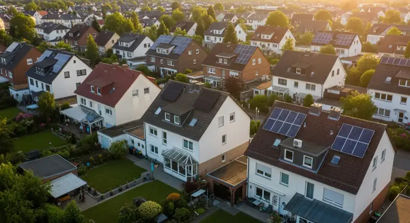 Aerial drone view of typical German residential neighborhood with mixed roof types, red and dark roof tiles, gardens visible, sunny day