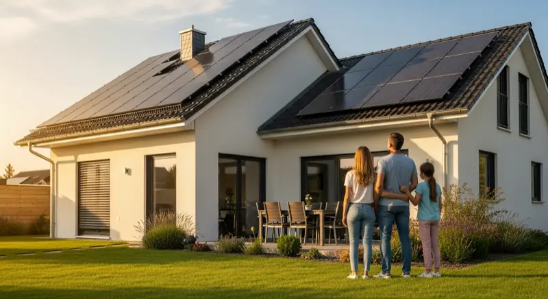 Familie vor ihrem Haus mit Solaranlage