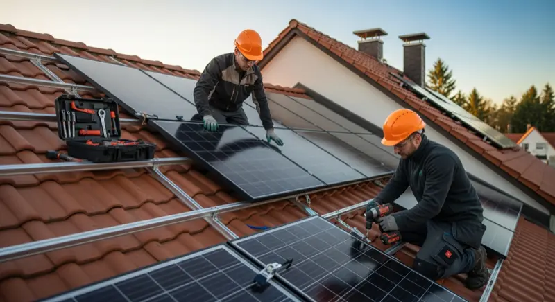 Professionelle Montage von Solarmodulen auf einem Hausdach