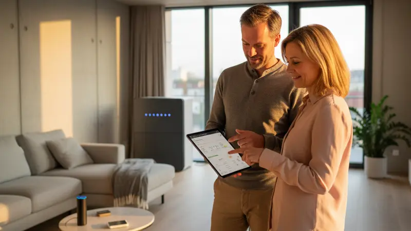 Moderne Luft-Wärmepumpe vor einem Einfamilienhaus in Aachen mit Blick auf die Eifel-Hügel