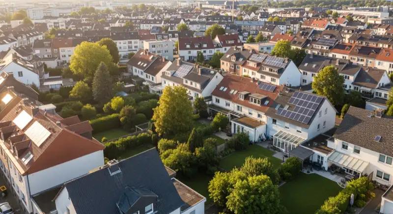 Aerial drone view of typical German residential neighborhood with mixed roof types, red and dark roof tiles, gardens visible, sunny day