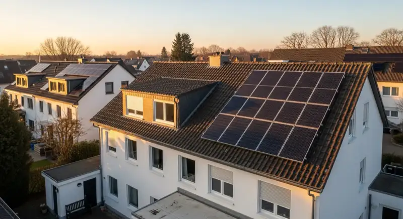Einfamilienhaus in Aachen mit Wärmepumpe im Garten und PV-Anlage auf dem Dach