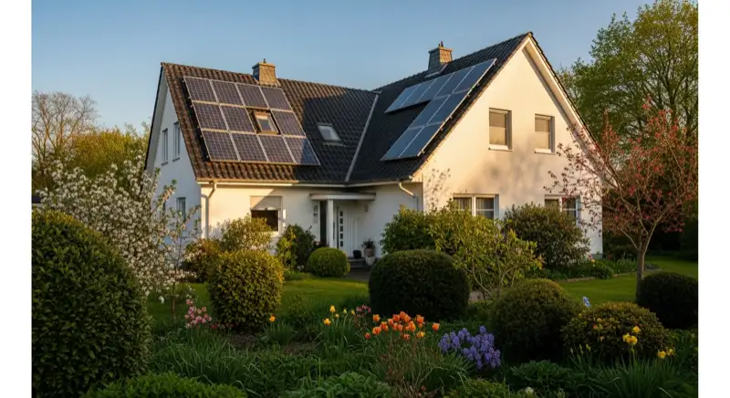 German detached house (Einfamilienhaus) with photovoltaic panels on pitched roof, well-maintained garden, warm afternoon sunlight