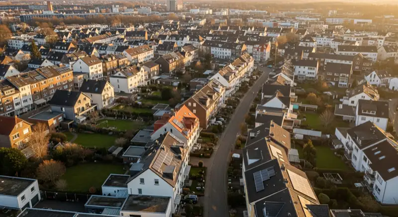 Aerial drone view of typical German residential neighborhood with mixed roof types, red and dark roof tiles, gardens visible, sunny day