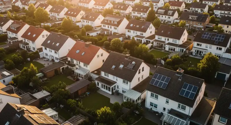 Aerial drone view of typical German residential neighborhood with mixed roof types, red and dark roof tiles, gardens visible, sunny day