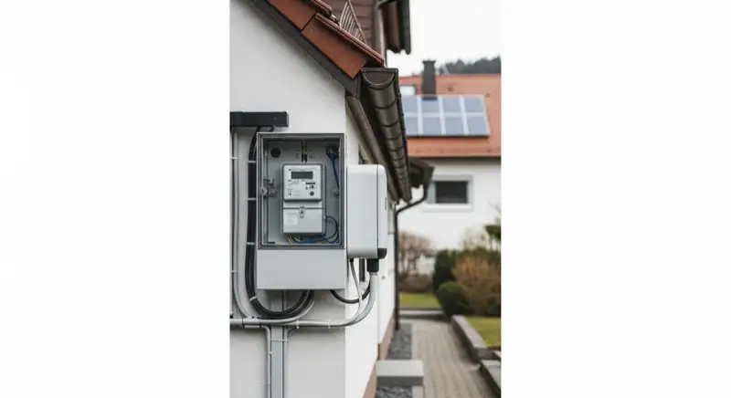 Modern German electrical meter cabinet (Zählerschrank) with smart meter and solar inverter connection, clean technical installation