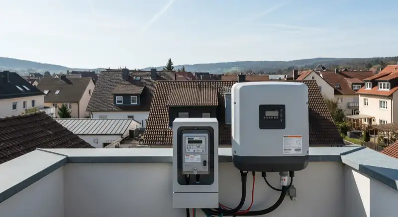 Modern German electrical meter cabinet (Zählerschrank) with smart meter and solar inverter connection, clean technical installation
