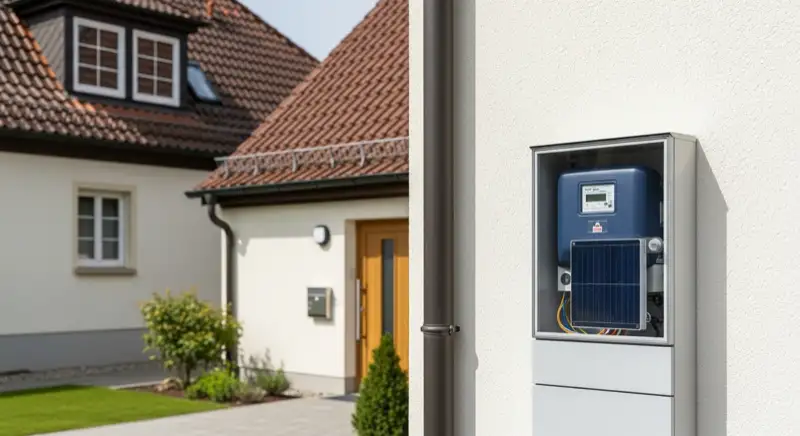 Modern German electrical meter cabinet (Zählerschrank) with smart meter and solar inverter connection, clean technical installation