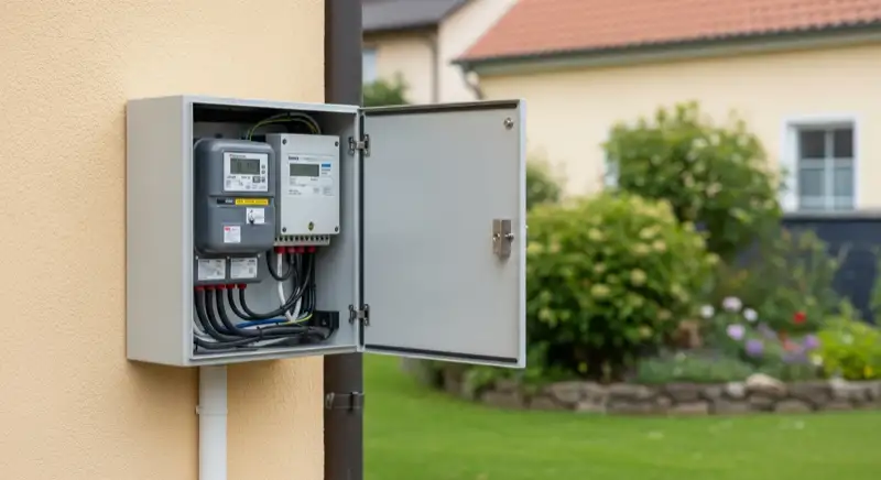 Modern German electrical meter cabinet (Zählerschrank) with smart meter and solar inverter connection, clean technical installation
