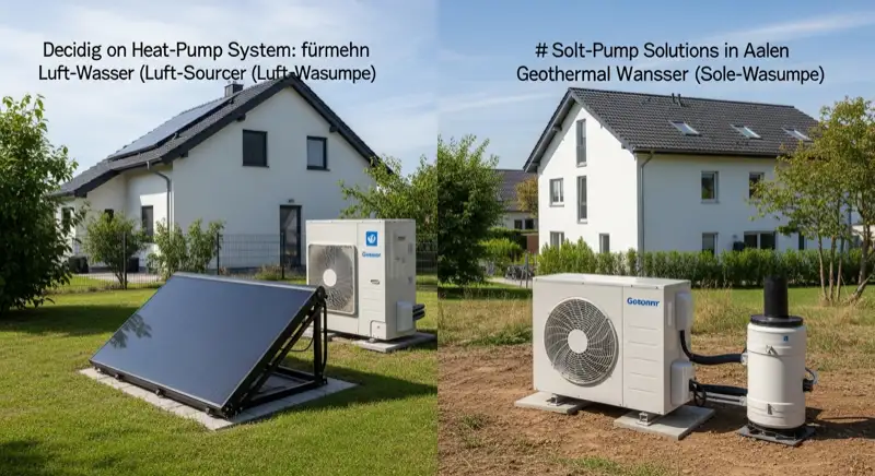 Aerial drone view of typical German residential neighborhood with mixed roof types, red and dark roof tiles, gardens visible, sunny day