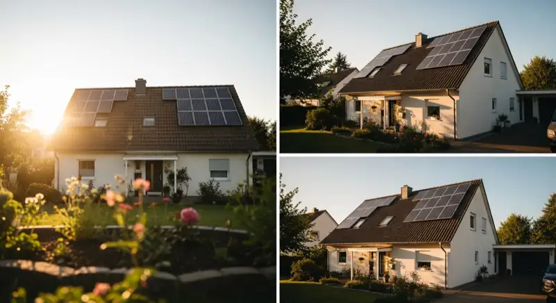 German detached house (Einfamilienhaus) with photovoltaic panels on pitched roof, well-maintained garden, warm afternoon sunlight