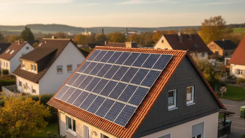Close-up of photovoltaic solar panels installed on a traditional German Satteldach (gabled roof), blue sky with some clouds