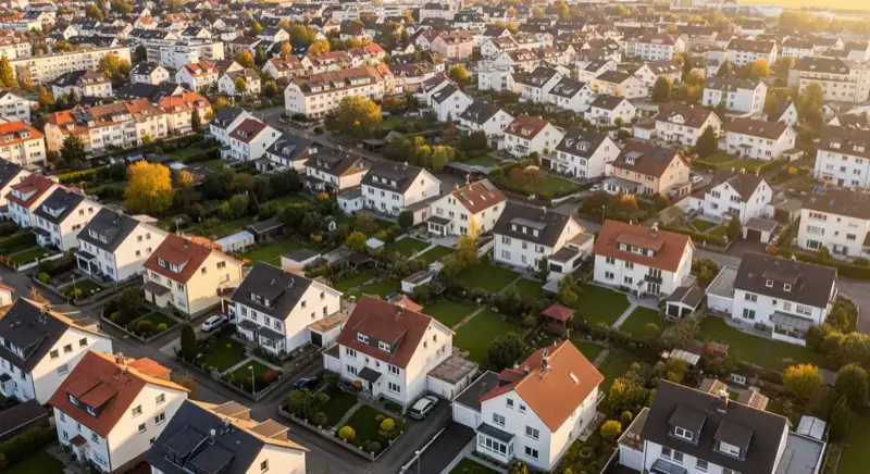 Aerial drone view of typical German residential neighborhood with mixed roof types, red and dark roof tiles, gardens visible, sunny day
