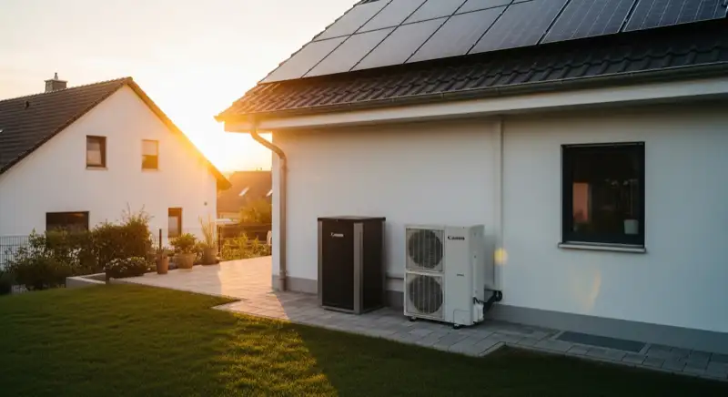 Moderne Wärmepumpen-Außeneinheit neben Einfamilienhaus mit Photovoltaikanlage auf dem Dach