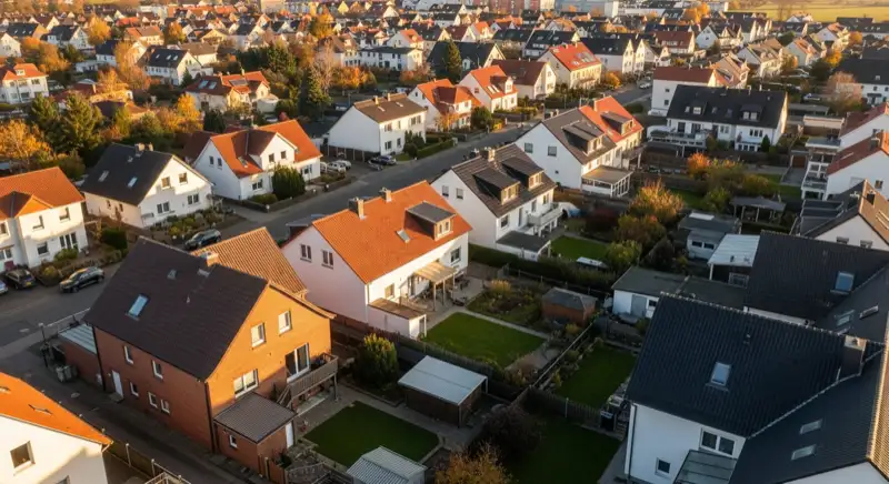 Aerial drone view of typical German residential neighborhood with mixed roof types, red and dark roof tiles, gardens visible, sunny day