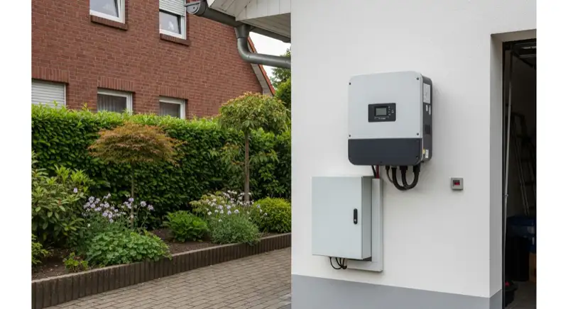 Modern solar inverter mounted on garage wall next to electrical panel, clean professional installation, natural daylight