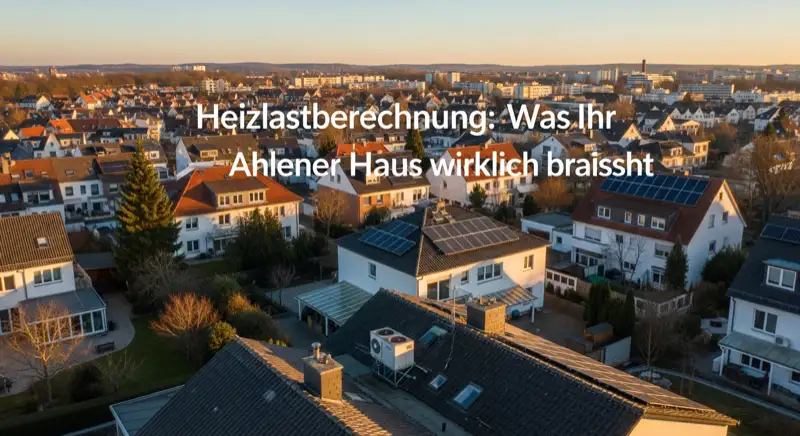 Aerial drone view of typical German residential neighborhood with mixed roof types, red and dark roof tiles, gardens visible, sunny day
