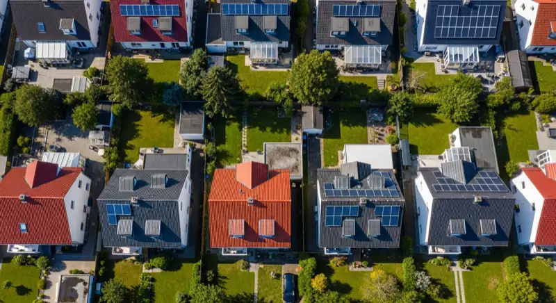 Aerial drone view of typical German residential neighborhood with mixed roof types, red and dark roof tiles, gardens visible, sunny day