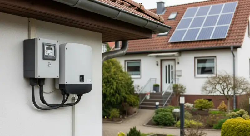 Modern German electrical meter cabinet (Zählerschrank) with smart meter and solar inverter connection, clean technical installation