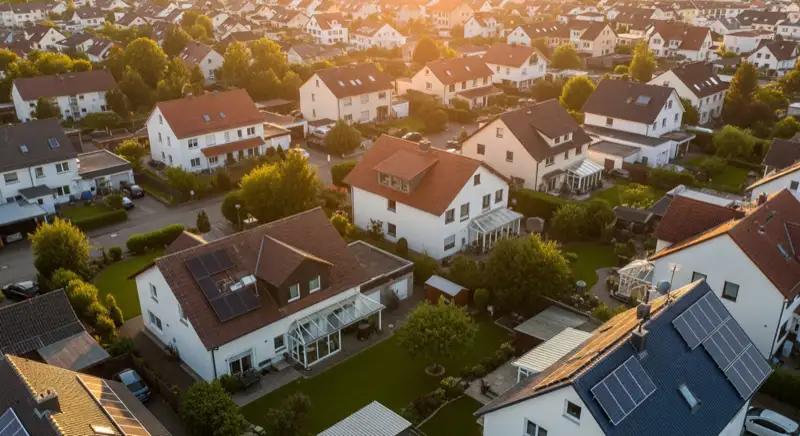 Aerial drone view of typical German residential neighborhood with mixed roof types, red and dark roof tiles, gardens visible, sunny day