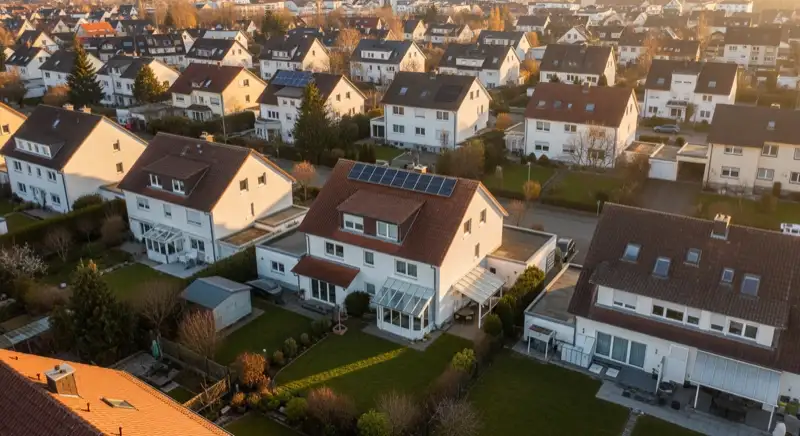 Aerial drone view of typical German residential neighborhood with mixed roof types, red and dark roof tiles, gardens visible, sunny day