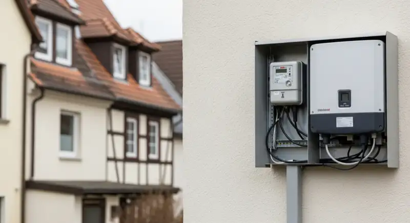 Modern German electrical meter cabinet (Zählerschrank) with smart meter and solar inverter connection, clean technical installation