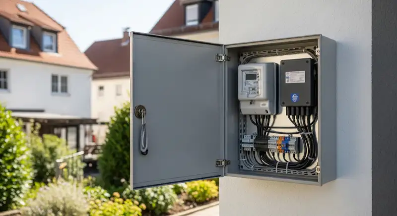 Modern German electrical meter cabinet (Zählerschrank) with smart meter and solar inverter connection, clean technical installation