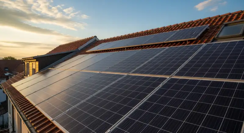 Close-up of photovoltaic solar panels installed on a traditional German Satteldach (gabled roof), blue sky with some clouds