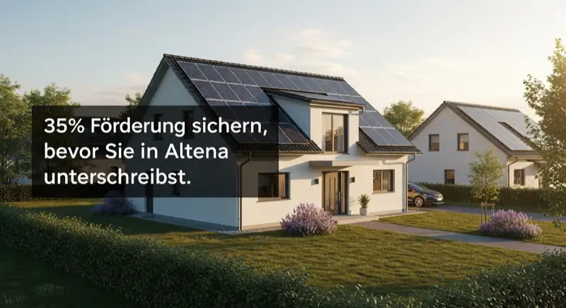 German detached house (Einfamilienhaus) with photovoltaic panels on pitched roof, well-maintained garden, warm afternoon sunlight