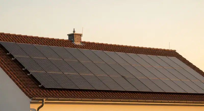 Close-up of photovoltaic solar panels installed on a traditional German Satteldach (gabled roof), blue sky with some clouds