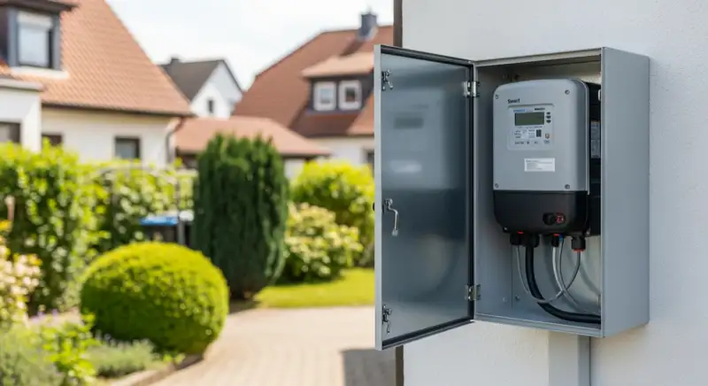 Modern German electrical meter cabinet (Zählerschrank) with smart meter and solar inverter connection, clean technical installation