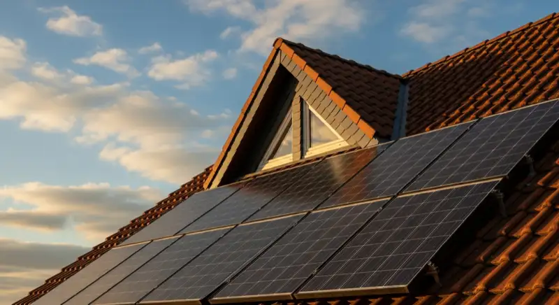 Close-up of photovoltaic solar panels installed on a traditional German Satteldach (gabled roof), blue sky with some clouds