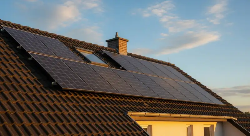 Close-up of photovoltaic solar panels installed on a traditional German Satteldach (gabled roof), blue sky with some clouds